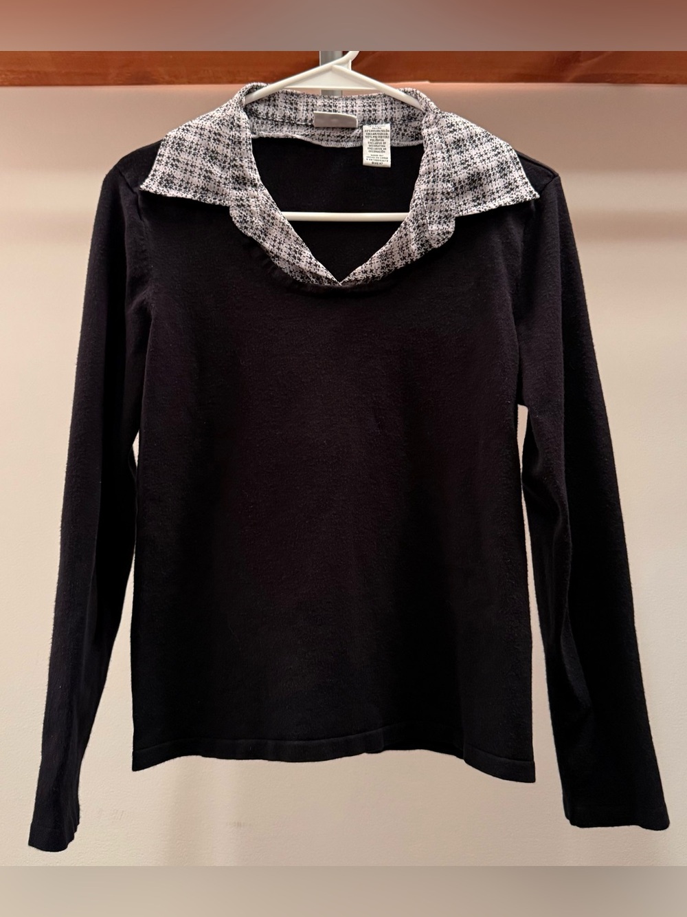 Covington Black Long Sleeve Top with Tweed-Look Collar